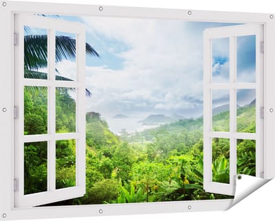 Gards Tuinposter Doorkijk Jungle Uitzicht op de Seychellen - 150x100 cm - Tuindoek - Tuindecoratie - Wanddecoratie buiten - Tuinschilderij