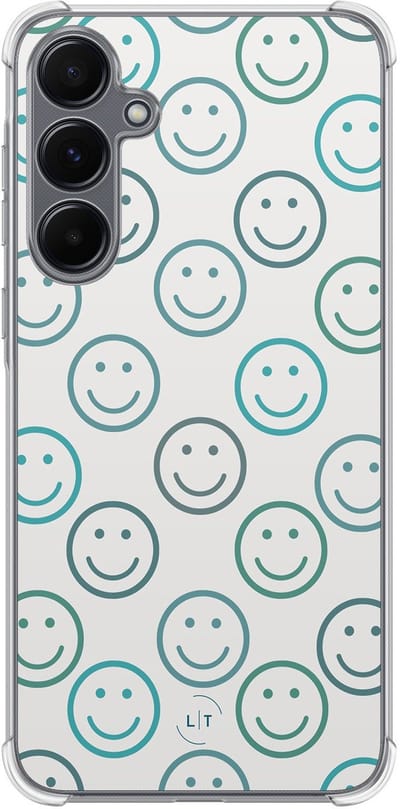 Shockproof hoesje - Geschikt voor Samsung Galaxy A35 - Happy faces - Extra sterke case - TPU/polycarbonaat - Print / Illustratie - Blauw, Transparant