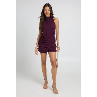 boohoo Dames Gestructureerde Playsuit Met Waterval Halslijn En Dubbele Laag | Pruim | Maat: 36