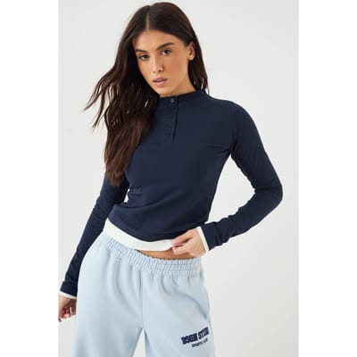 Dames DSGN Studio Contrasterende Knoopdetail Lange Mouwen Top | Navy | Maat: 2XL