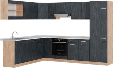 Vicco Hoekkeuken R-Line, Zwart beton/Goudkleurig Eiken, 287 x 227 cm WB Marmer