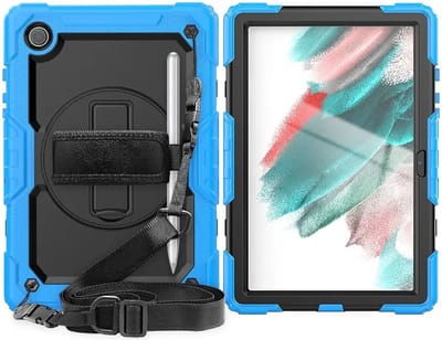 Hoes met ingebouwde Screenprotector Geschikt voor Samsung Galaxy Tab A8 | Inclusief 360° Draaibare Handriem en Schouderriem | Extreme bescherming | Ideaal voor zakelijk gebruik | Lichtblauw