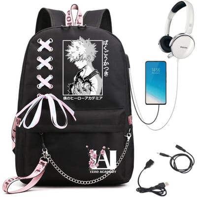 My Hero Academia Anime Sac à Dos pour Femmes Port USB Sac à Dos de Voyage pour Dames Sac à Bandoulière Katsuki Bakugo Anime Tendance Sac à Dos pour Ordinateur Portable