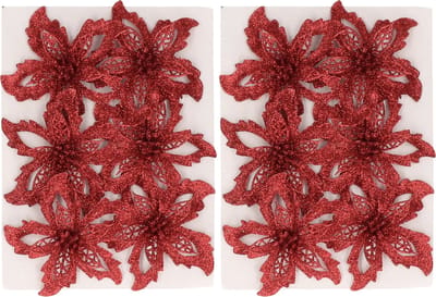 12x Kerstboomversiering rode glitter bloemen op clip - kerstboom decoratie - rode kerstversieringen