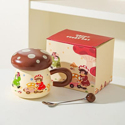 Paddenstoel Meisje Mok Hoge Waarde Souvenir Cadeau Schattige Cartoon Keramische Kop Deksel Grote Capaciteit Drinkbeker 401-500ml beige