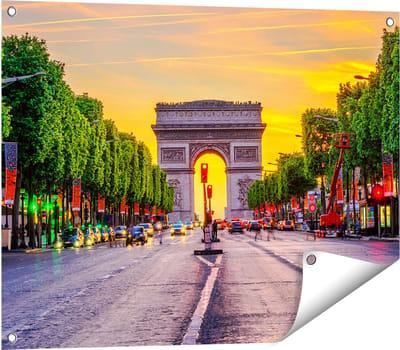 Gards Tuinposter Arc de Triomphe in Parijs vanaf de Straat - 80x60 cm - Tuindoek - Tuindecoratie - Wanddecoratie buiten - Tuinschilderij