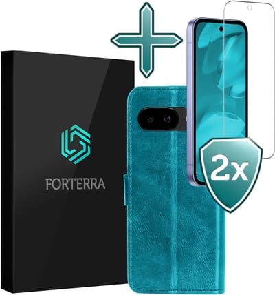 Hoesje Met 2x Screenprotector - Geschikt voor Google Pixel 9a - Luxe Pasjeshouder - Flip Case - Bookcase Portemonee - Kunstleer Book Case - Flipcase Hoes - Book Cover - Walletcase - Portemonneehoes - Turquoise