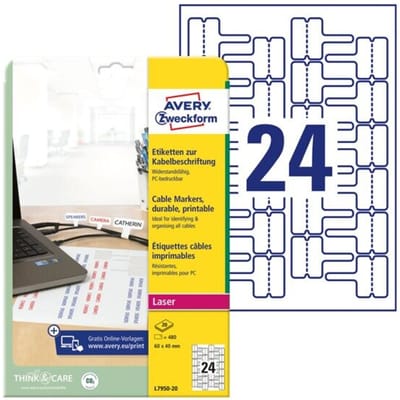 Avery-Zweckform L7950-20 Kabeletiketten 60 x 40 mm Polyester folie Wit 480 stuk(s) Permanent hechtend Laser (zwart/wit)