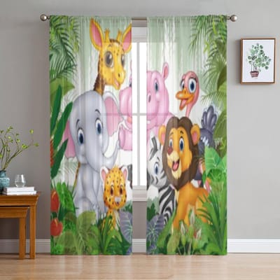 Cartoon Wilde Dier in de Jungle Transparante Gordijnen voor Woonkamer Doorzichtig Tule Raamgordijn Slaapkamer Keuken Vitrage Gordijnen 135W x 114H(cm) white