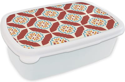 Broodtrommel Wit - Lunchbox - Brooddoos - Bloemen - Tegel - Patroon - 18x12x6 cm - Volwassenen