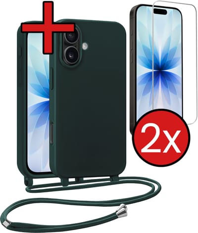 Hoesje Geschikt voor iPhone 17 Hoesje Siliconen Case Met Koord Met 2x Screenprotector - Hoes Geschikt voor iPhone 17 Hoesje Backcover Met Telefoonkoord - Donkergroen