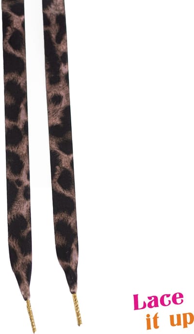Schoenveters plat luxe satijn luipaard - bruine veters 120cm lang met gouden nestels
