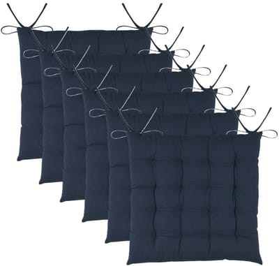 Stof Textile stoelkussens DUO - 6x - donkerblauw - 38 x 38 x 3.5 cm - touwtjes sluiting - zitkussens - binnen/buiten