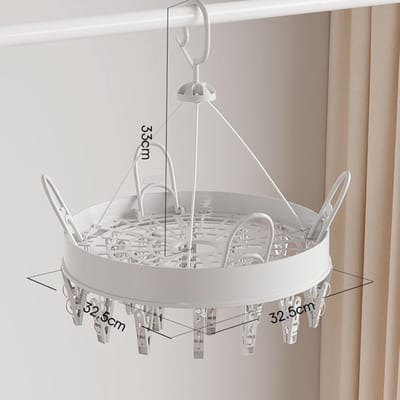 Opvouwbare Wasrek Met 24 Clips - Rond - Kunststof - Draagbaar - Voor Sokken - Handdoeken - Ondergoed En Babykleding - 32.5x32.5x33 cm