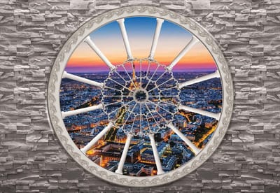 Fotobehang Brick Wall City Skyline Sunset | XL - 208cm x 146cm | 130g/m2 Vlies