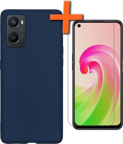 Hoes - Met Screenprotector - Geschikt voor OPPO A76 - Sterk & Shockproof - Back Cover - Siliconen Case - Telefoon Hoes - Donkerblauw