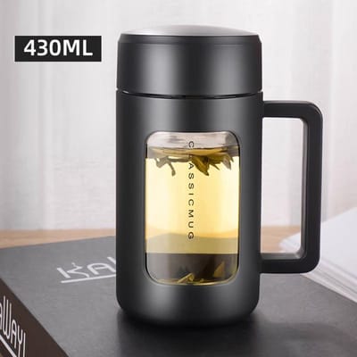 Dubbelwandige waterglazen met handvat, draagbaar, lekvrij, bescherming tegen verbranding, mok, anti-val glazen theekop 430ml gray