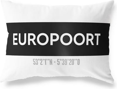 Tuinkussen EUROPOORT - ZUID-HOLLAND met coördinaten - Buitenkussen - Bootkussen - Weerbestendig - Jouw Plaats - Studio216 - Modern - Zwart-Wit - 50x30cm
