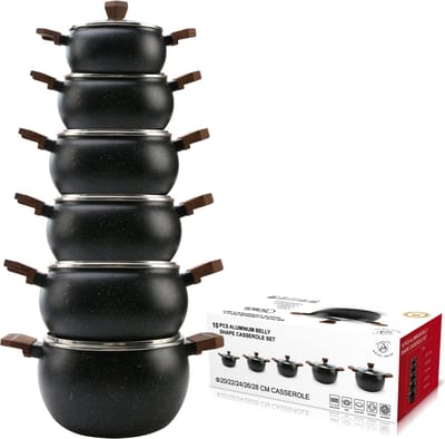 Pannenset – 10-delig Casserole Set – Aluminium Belly Shape – Ø20/22/24/26/28 cm – Marmeren Antiaanbaklaag – Geschikt voor Inductie & Alle Kookplaten – Met Glazen Deksel – Royal Swiss®