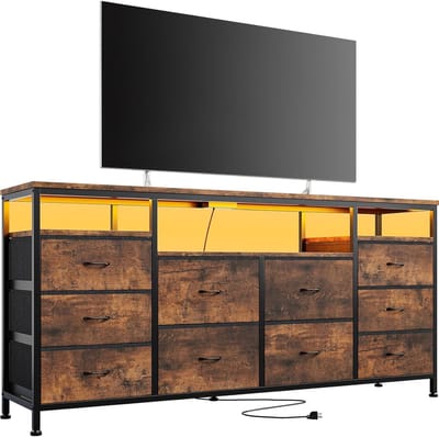 Industrieel TV-Meubel 160 cm - Met 10 Lades, RGB LED-Verlichting & Laadstation - Voor TV's tot 75 inch - TV-Kast / Dressoir - Rustiek Bruin / Zwart