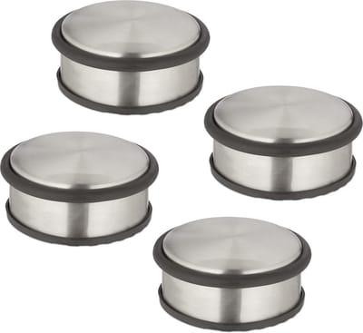 Stainless Steel Door Stopper Set of 4 - Heavy Flat Door Buffers 4.5 x 10.5 cm - Non-Slip Silver/Black