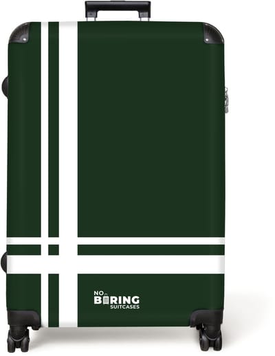 NoBoringSuitcases.com® - Koffer groot - Reiskoffer lichtgewicht - Donkergroene achtergrond met wit kruispatroon linksonder - Rolkoffer met 4 wielen - Grote trolley XL - 98 liter bagage