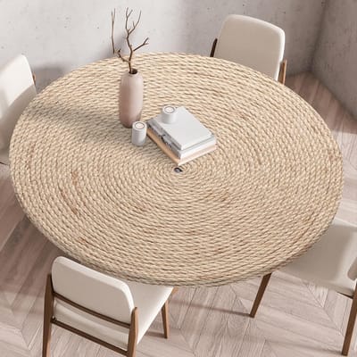 Tafelkleed met elastische rand, rond, gevouwen 3D geprint, afwasbaar rond tafelkleed voor binnen en buiten, afwasbaar, voor keuken, eetkamer, picknicktafels, 60 cm, rotan