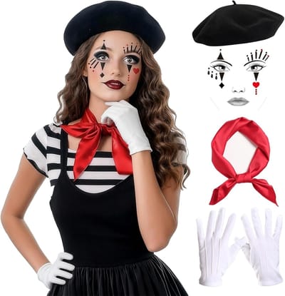 Pantomime Kostuum voor Mannen en Vrouwen, 4-delige Set met Zwarte Hoed, Rode Stof, Witte Handschoenen en Gezichtstatoeage, Ideaal voor Carnaval, Halloween en Themafeesten