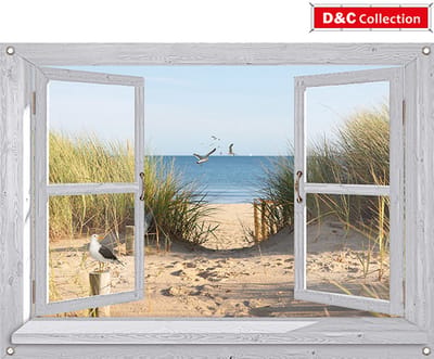 Tuinposter zeezicht - doorkijk - 90x105 cm - wit venster duinovergang - meeuwen - hollands strand - duinen