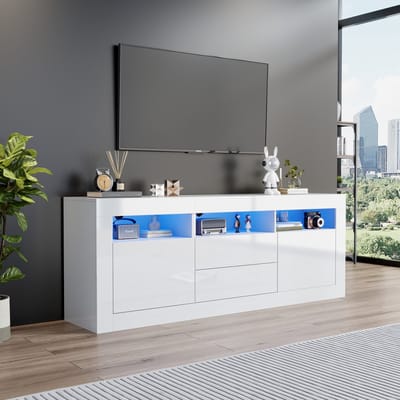 TV-meubel - 160x35x60 cm - Hoogglans TV-kast met LED + 3 Open Vakken, 2 Deuren, 2 Lades - Smart App Bediening - MDF - Wit