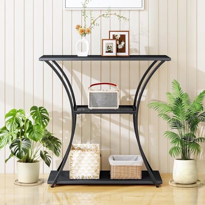 Metalen bijzettafel - Smalle tafel - Gang entree - Drie opbergniveaus - 80 x 30 x 78.5 cm - Zwart