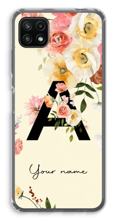 Gepersonaliseerd - Case Company® - Hoesje geschikt voor Samsung Galaxy A22 5G hoesje - Flirty Flowers Monogram - Soft Cover Telefoonhoesje - Bescherming aan alle Kanten en Schermrand