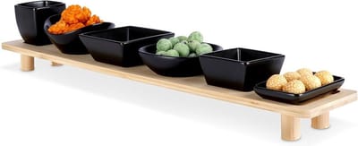 Snackkommen Keramiek Zwart op Dienblad 50 cm 7 delig - Snackkom - Dipschalen - Set - Kleine Komen voor Dipsauzen en Snacks