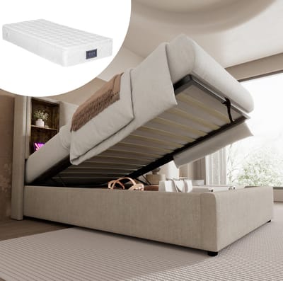 MEUNIQ eenpersoonsbed 90x200 cm met opbergruimte, draadloos opladen, 2 USB en USB-C, gestoffeerd bedframe met lattenbodem en open vakken voor slaapkamer, naturel