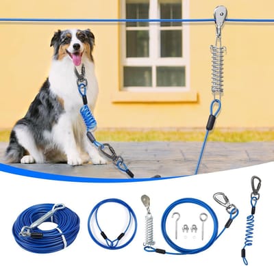 Hondenloper Tuin - Trolley Systeem - Veilig Uitlaten - Dubbele Schokabsorptie - 200 FT Lengte - Blauw
