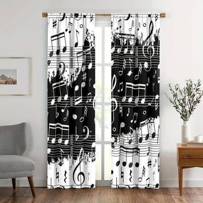 2 stuks Gordijn met Muzieknotenprint, Tunnel voor Roede, Raamdecoratie Voor Slaapkamer Kantoor Keuken Woonkamer Studeerkamer Huisdecoratie, Kamer Dec 150x166cm gray