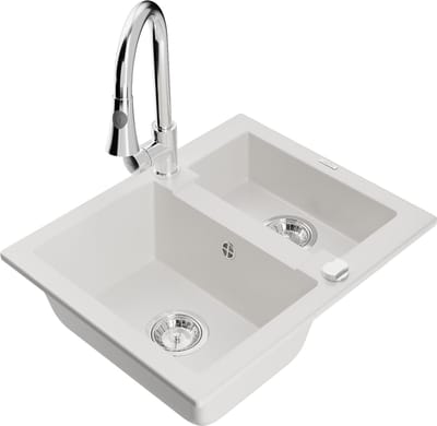 Mexen Carlos granieten spoelbak 1,5-komorige met keukenkraan Elia, wit - 6518-20-670101-00
