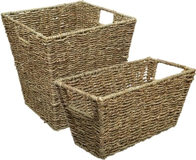 Set van 2x gevlochten opbergmanden zeegras - Kast-/badkamer mandjes verschillende formaten