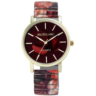 Excellanc-dameshorloge-rekbare band-rood-goudkleurig-rozen-diameter 36mm-