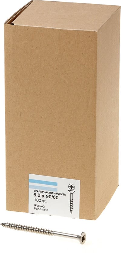 Hoenderdaal Spaanplaatschroef RVS platverzonken kop PZ3 deeldraad 6.0X90/60 (per 100 stuks)