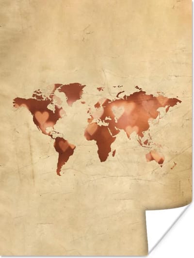 Poster 120x160 cm - Wereldkaart - Hart - Bruin - Posters - Kamer decoratie - Wanddecoratie woonkamer - Muurdecoratie slaapkamer XXL