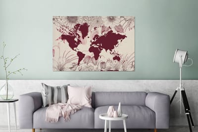 Aluminium schilderij 120x80 cm - Wanddecoratie metaal - Wereldkaart - Rood - Bloemen - Metalen muurdecoratie woonkamer - Decoratie industrieel - Foto op dibond - Industriële accessoires slaapkamer
