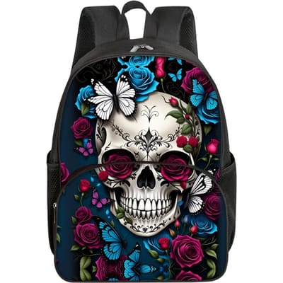 Sac à dos scolaire imprimé fleurs crâne pour garçons/filles Meilleur cadeau Imperméable Dessin animé plat 2D Sac à poche avant rond pour enfants