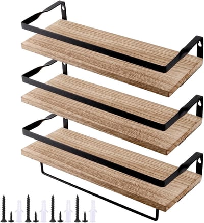 Rustieke Wandplank met Handdoekhouder, 3-laags Houten Plank voor Keuken, Badkamer en Woonkamer, 40 x 15 x 1.5 cm, Lichtbruin, Inclusief Bevestigingsmateriaal