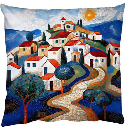 Sierkussens - Kussentjes Woonkamer - 50x50 cm - Dorp - Heuvelachtig - Zon - Mozaïek