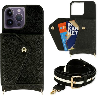 Casemania Hoesje Geschikt voor Apple iPhone 13 Pro Max - Zwart - Crossbody Portemonnee Back Cover met Pasjeshouder en Verstelbare Band - Lanyard Wallet Case met Dikker Koord