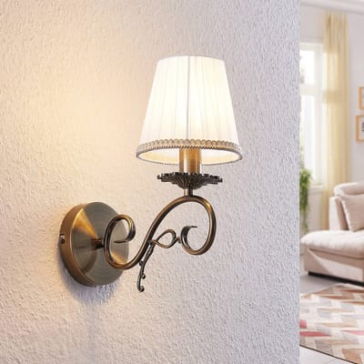 Lindby - Wandlamp - 1licht - Textiel, metaal - H: 33.5 cm - E14 - wit, antiek messing