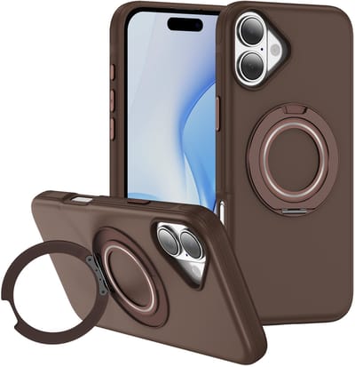 IYUPP Hoesje geschikt voor iPhone 17 Hoesje - Geschikt voor MagSafe - 360° Draaibare Magnetische Standaard - Back Cover Kickstand Ring - Ring Stand - Bruin