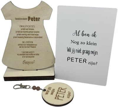 Geschenkbox Wil jij mijn PETER zijn? | beige | KLEEDJE | sleutelhanger | peter vragen | meter worden | peetoom vragen | peetoom worden | cadeau | doosje met een vraag