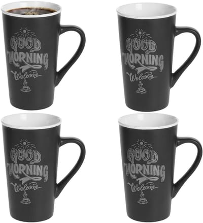 Secret de Gourmet hoge koffie mok / beker met oor - 4x - zwart - keramiek - 500 ml - koffie print - servies - warme dranken